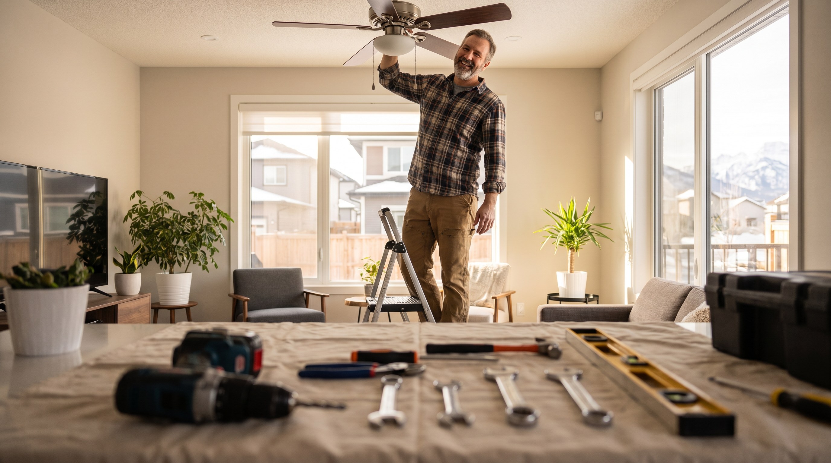 A construction crew working on a soffit and fascia repair on the eave of a home, ladders, tools, mid-installation atmosphere, Edmonton exterior